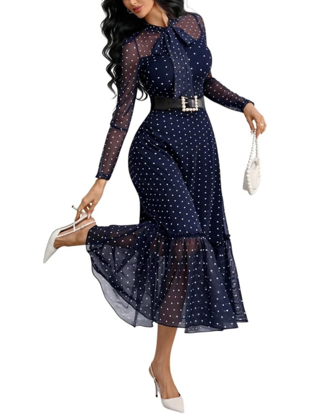 Gothic Polka Dot Dress for Women | Tie Neck Bow, Ruffle, Vintage Fall Style